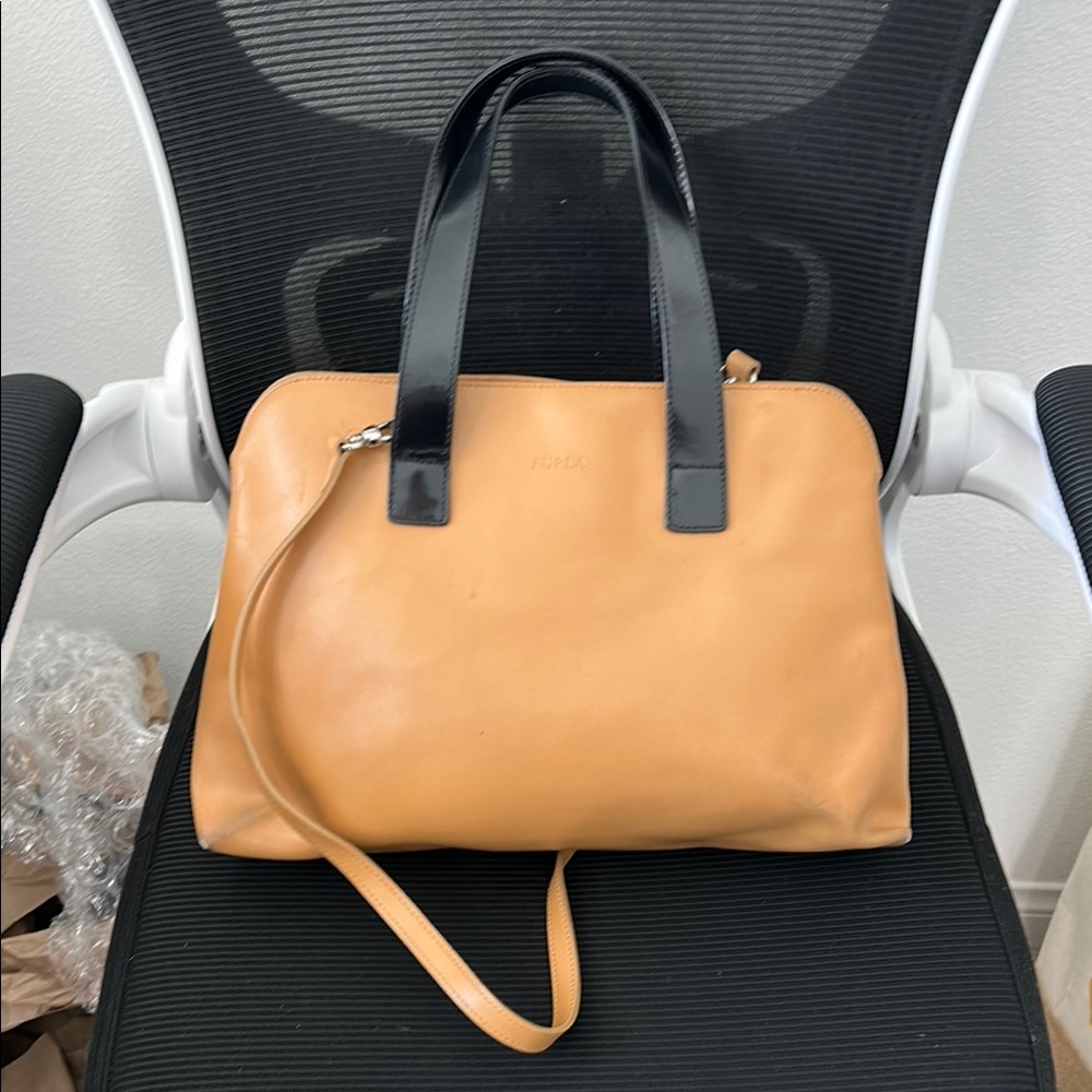 Furla Tan Leather Handbag with Black Straps